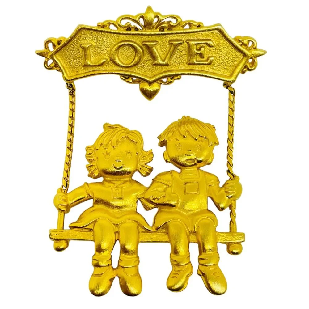 JJ signed vintage boy girl LOVE couple swinging designer brooch
